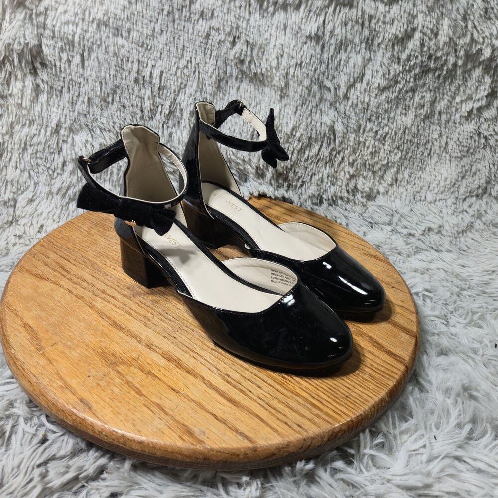 Nine West Pruce Womens Black Patent Leather Block Heel Ankle Strap Sandal Sz 4M